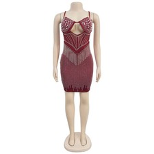 LATEST DESIGN Burgundy Rhinestone  Mesh Mini Dress Evening Club Size 2XL UK