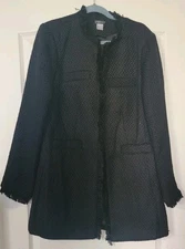 VENUS Women’s Black Longline Open Front Tweed Fringe Jacket Blazer Size 12