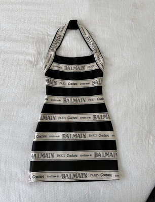 Balmain Logo Striped Halter Mini Bodycon Dress Size 38 Small