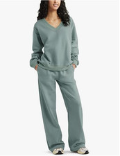 Women Wide Tracksuit V Neck Activewear Lounge Wear Set Two Piece Outfit Stylish