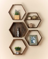 Farmhouse Hexagon Wood Floating Shelf Wall Decor 16 Inches, CHOOSE Style