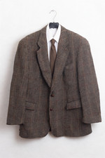 Veste Blazer Harris Tweed Pied-de-Poule Marron Windowpane Coudières Cuir