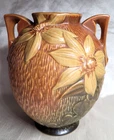 ROSEVILLE USA Pottery CLEMATIS Autumn Brown 107 - 8" Two Handled Vase ca 1944