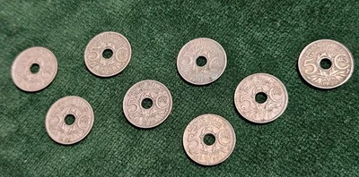 LOT 8 PIÈCES 5 CENTIMES LINDAUER DE 1924 A 1937 (FRANCE) - TRANCHE LISSE - TB - Photo 1/4