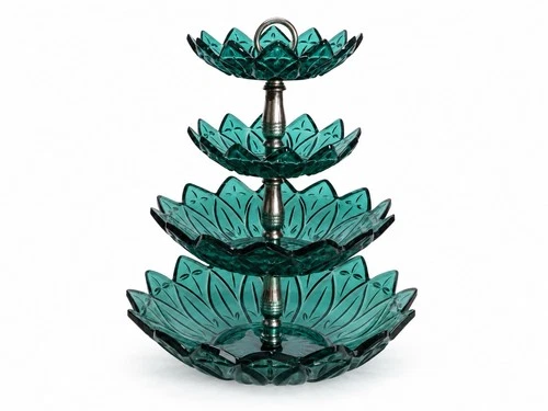 Vintage Federal Glass Petal Teal Blue 4 Tier Tidbit Server Stand MCM Centerpiece - product listing photo
