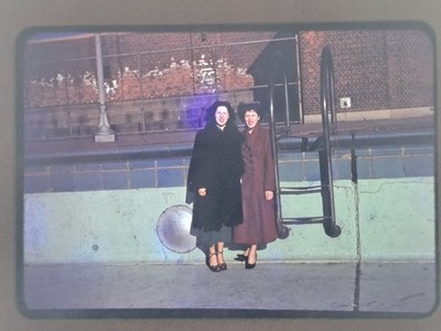 Vintage 1940s Kodachrome Slide Two Women Fashion Winter Coats Swimming Pool OOAK