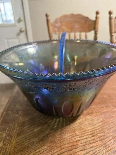 Vtg Indiana Glass Iridescent Blue Harvest Carnival Glass Punch Bowl Set 12 cups