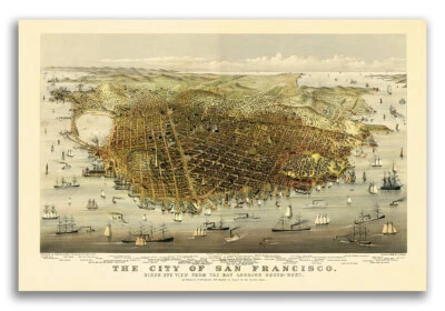 Bird's Eye View 1878 San Francisco California Vintage Style City Map - 16x24