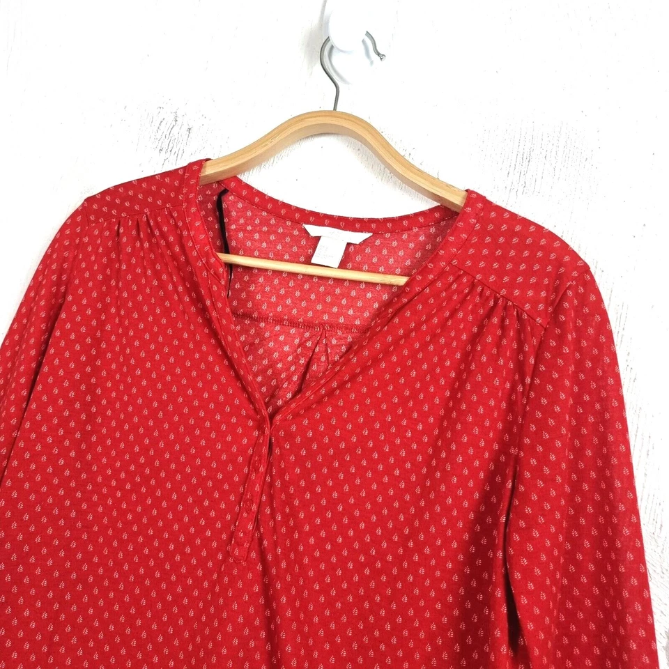 H&M Womens Top Size S Red White Stretch Knit 3/4 Sleeves V-Neck Casual Ladies - image 3 of 4