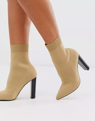 ASOS Design Enhance Block Heel Sock Boots In Beige Knit