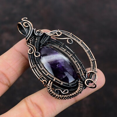 Chevron Amethyst Wire Wrapped Pendant Handcrafted Copper Ethnic Gift 2.87''