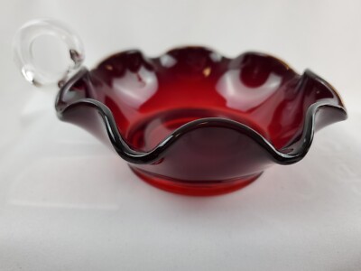 Vtg Ruby Red Glass Candy Dish Nappy Scalloped Edge Clear Finger Loop