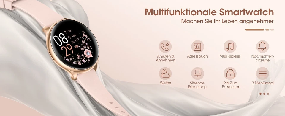 SmartWatch Damen in Roségold, Bluetooth-Anrufe, Fitnessuhr für Samsung & Apple - Bild 3 von 4