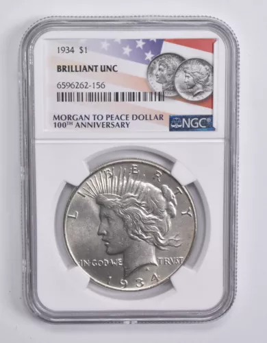 BU 1934 Peace Silver Dollar NGC Flag 100th Ann Lbl