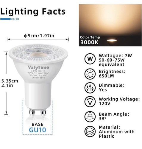 ValyTime Dimmable GU 10 LED Lightbulbs Pack Of 6. 7W=75W 20000 Hours Service - Picture 5 of 8
