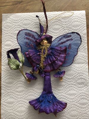 Flower Garden Fairy Pixie Elf Doll Ornament Purple Butterfly Wing Christmas
