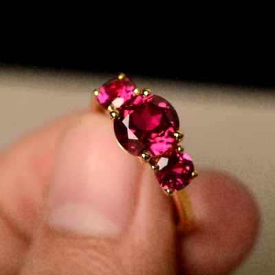 2CT Round Ruby Diamond Wedding Three-Stone Anniversary Ring 14K Yellow Gold Over