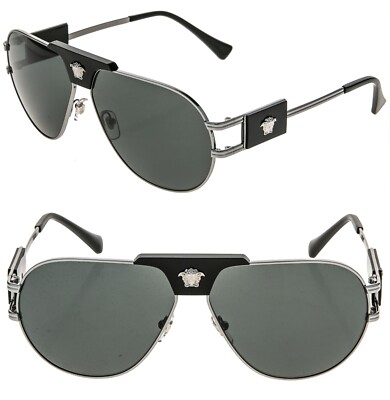 VERSACE 2252 Medusa NAVIGATOR Black Stud Gray Aviator Unisex Sunglasses VE2252