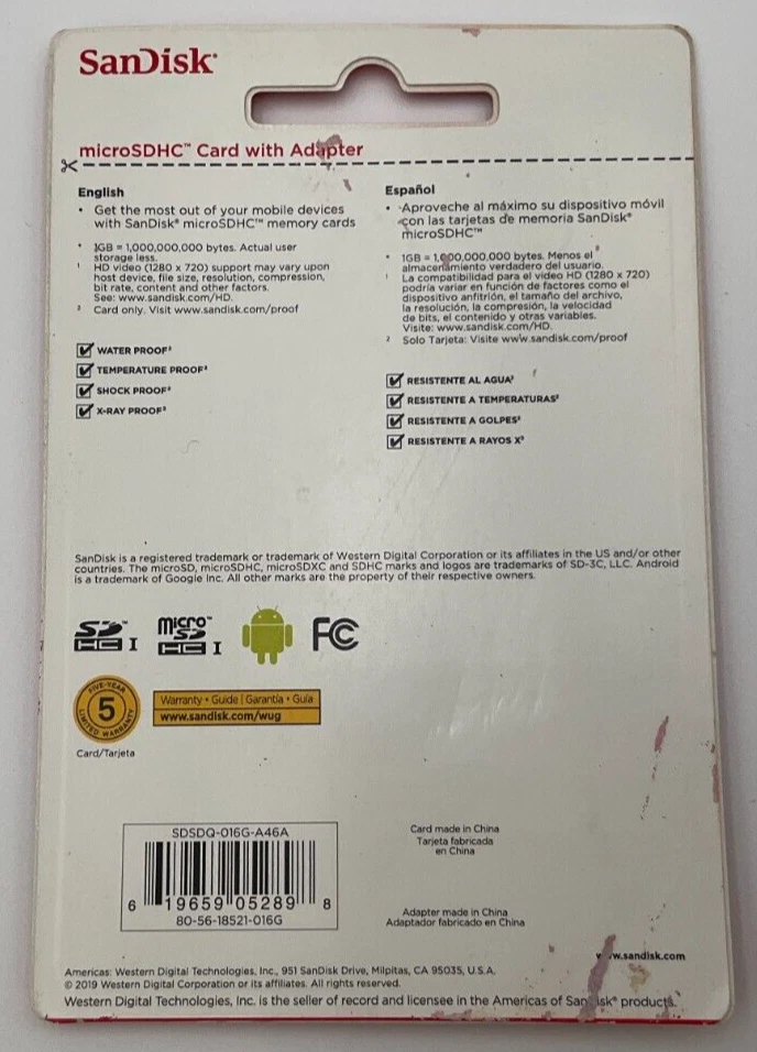 SanDisk 16GB microSDHC Memory Card with Adapter SDSDQ-016G-A46A *NEW* - Image 3 of 4