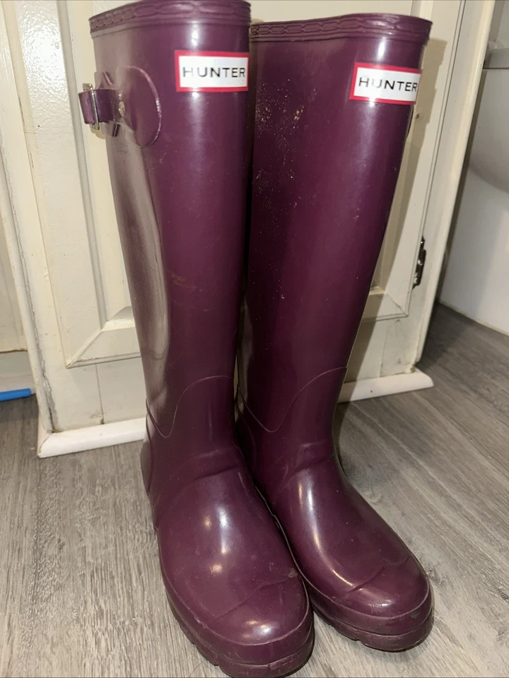 Botas de lluvia Hunter de goma hasta la rodilla para mujer talla 6 impermeables púrpura vino Foto 2 de 4