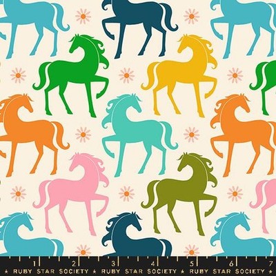 Cotton Carousel Natural Colorful Horses Carnival Fabric Print by Yard D673.88