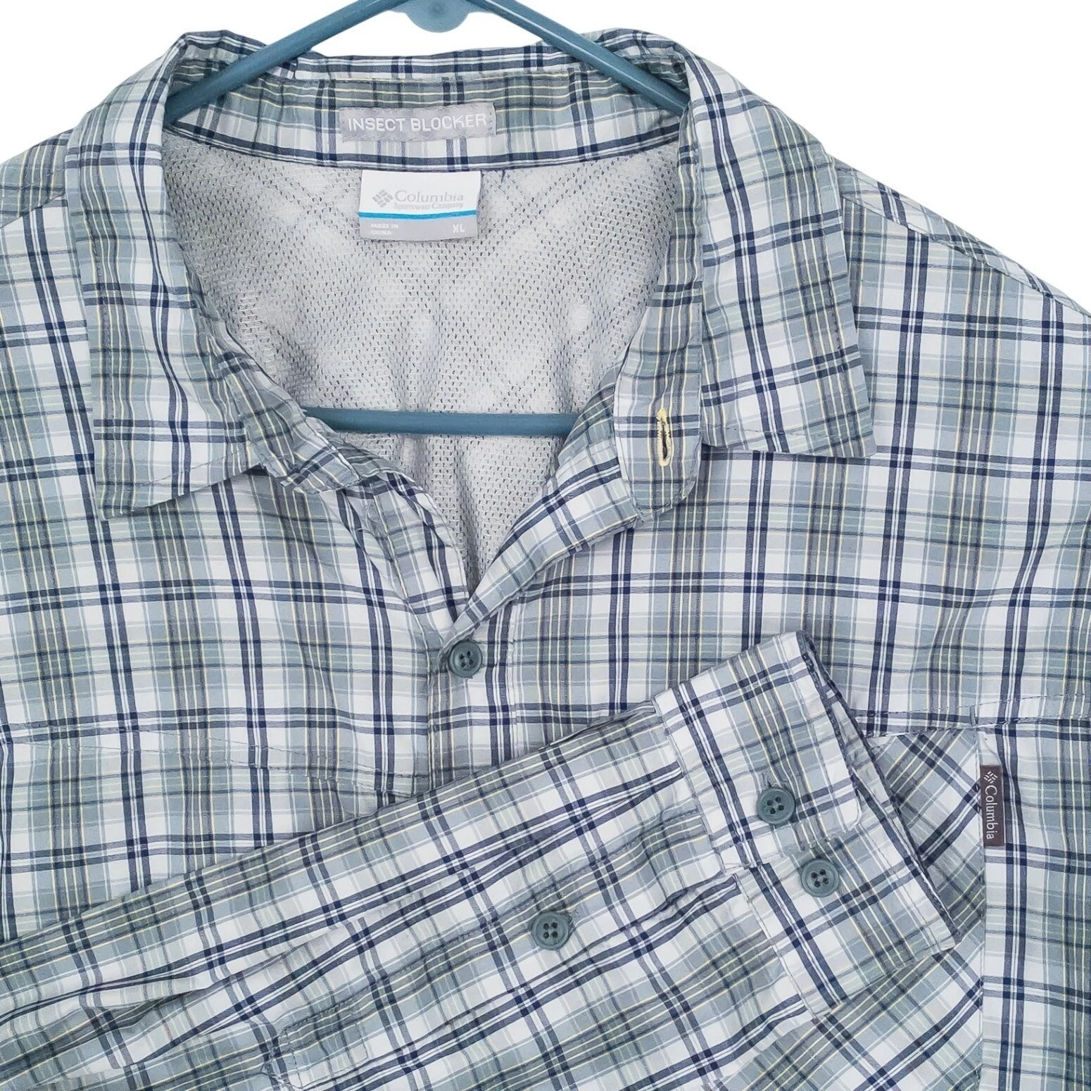 Columbia Insect Blocker Shirt Mens XL Blue Plaid Hiking Long Sleeve Polyester