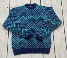 VTG The Aspen Lid Sweater Blue Green Geometric Knit USA Made 80s Ski M Nordic