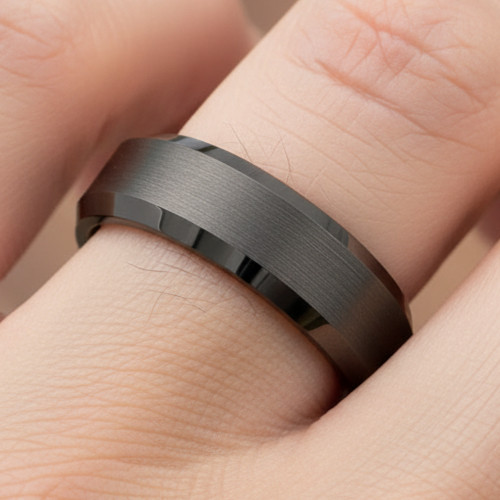 6mm Gunmetal Tungsten Wedding Ring – Brushed Core with polished Beveled Edges
