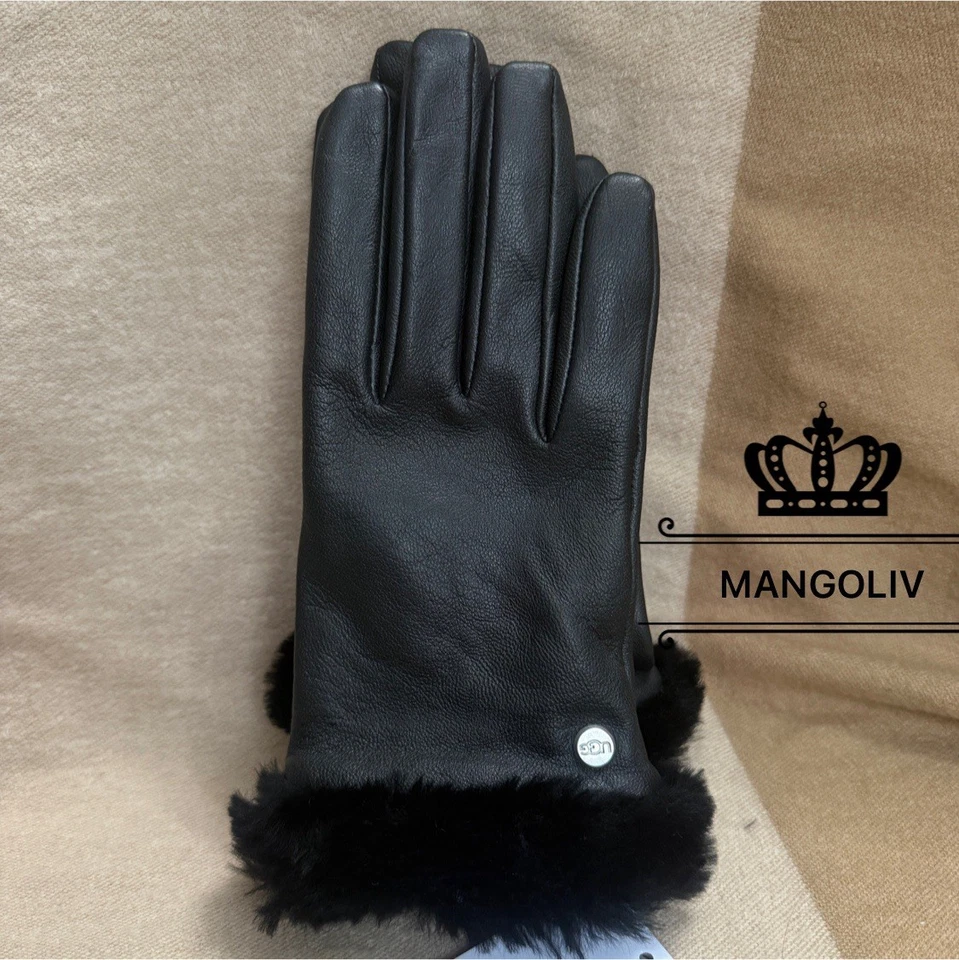 Talla Grande ~NUEVO CON ETIQUETAS UGG Cuero Genuino Puño de Piel Real Negro Shearling Guantes Cortos Foto 3 de 4
