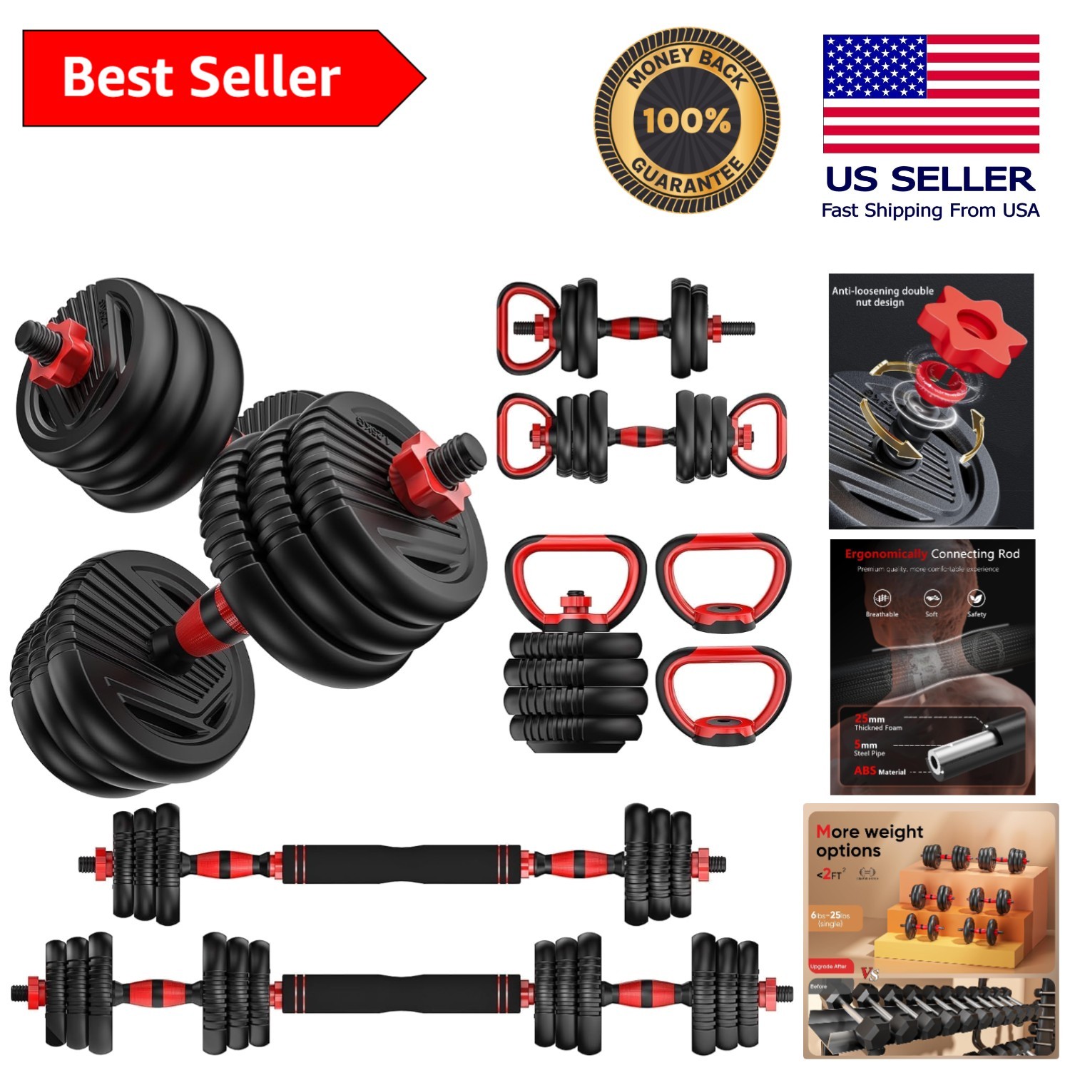 Compact Adjustable Dumbbells - 20-90lbs Free Weight Set for Home Gym Elegance