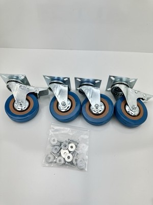 4PCS 3 Blue PU Swivel Caster Wheels with Brake Heavy Duty Rubber Casters Set New
