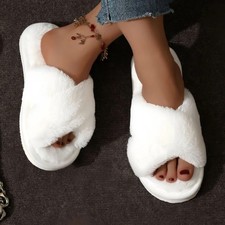 Women's Faux Fur Cross Strap Slippers Plush Indoor House Slides Warm Flat Shoes