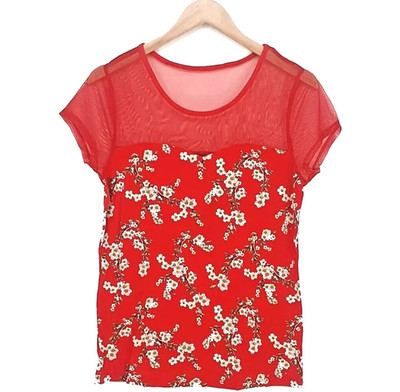 SHIRT Damen rot Millefleur Mesheinsatz Asia Style Größe 40 42 NEU Y79