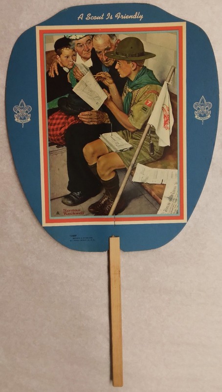 c1945 Hand Fan "A Scout Is Friendly" by Norman Rockwell - ad Peoples Insurance