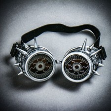 Steampunk Spikes Goggles w/ Evil Eyes Dark Lens Metallic Silver