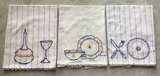 3 Vintage Kitchen Blue Stripe Tea Towels Hand Embroidered Cotton