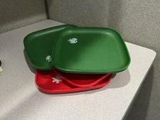Vintage Tupperware 8" Square Plates Set of 4 , Christmas Red/Green