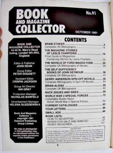 BOOK & MAGAZINE COLLECTOR Oct 1991 91 Bram Stoker Leslie Charteris Brian Aldiss - Picture 2 of 3