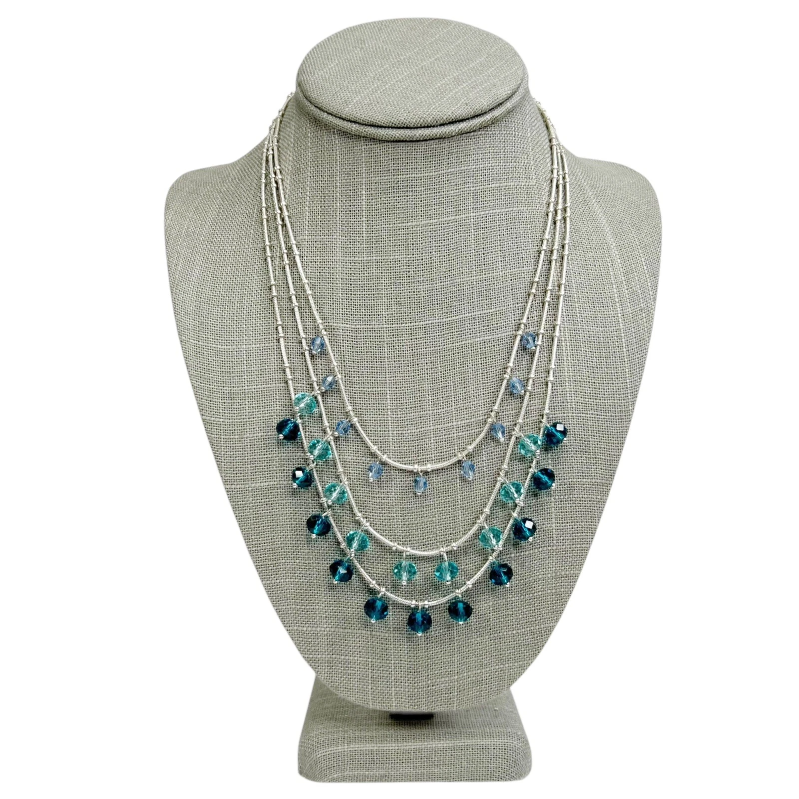 VETEMENTS Collana con perline acriliche sfaccettate blu a strati 3 fili tono argento 16 19” Adj