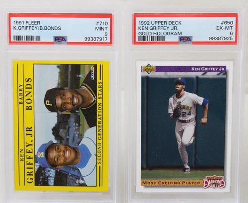 2 Vintage Ken Griffey Jr PSA 9 & 6 Card Lot 1991 Fleer #710 1992 Upper Deck #650