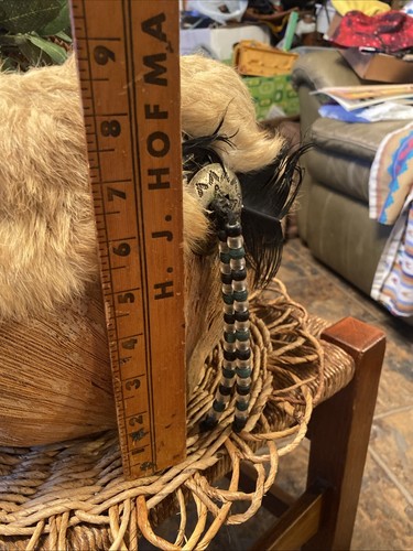 Vintage Native American Like Basket Made W/ Conchos/Husk /Rabbit Fur & Feathers - Picture 18 of 20