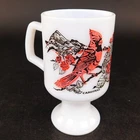 Vtg Milk Glass Footed Coffee Cup Mug Red Cardinal Bird Design 5.25" Tall  12oz