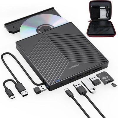 ORIGBELIE Externes CD DVD Laufwerk, Ultra Slim CD Brenner USB 3.0 mit 4 USB Ports a