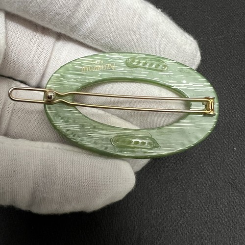 Fermaglio per capelli vintage AZNAVOUR Paris Barrett plastica verde cristalli colorati ovale Bling - Foto 5 di 12