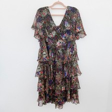 VTG Ann Hobbs for Cattiva Womens Dress Size M Metallic Floral Tiered 90s Glam