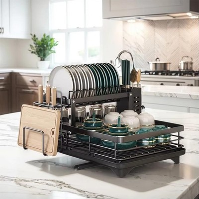 Over Sink Dish Drying Rack 2-Tier Carbon Steel Kitchen Shelf Cutlery Drainer