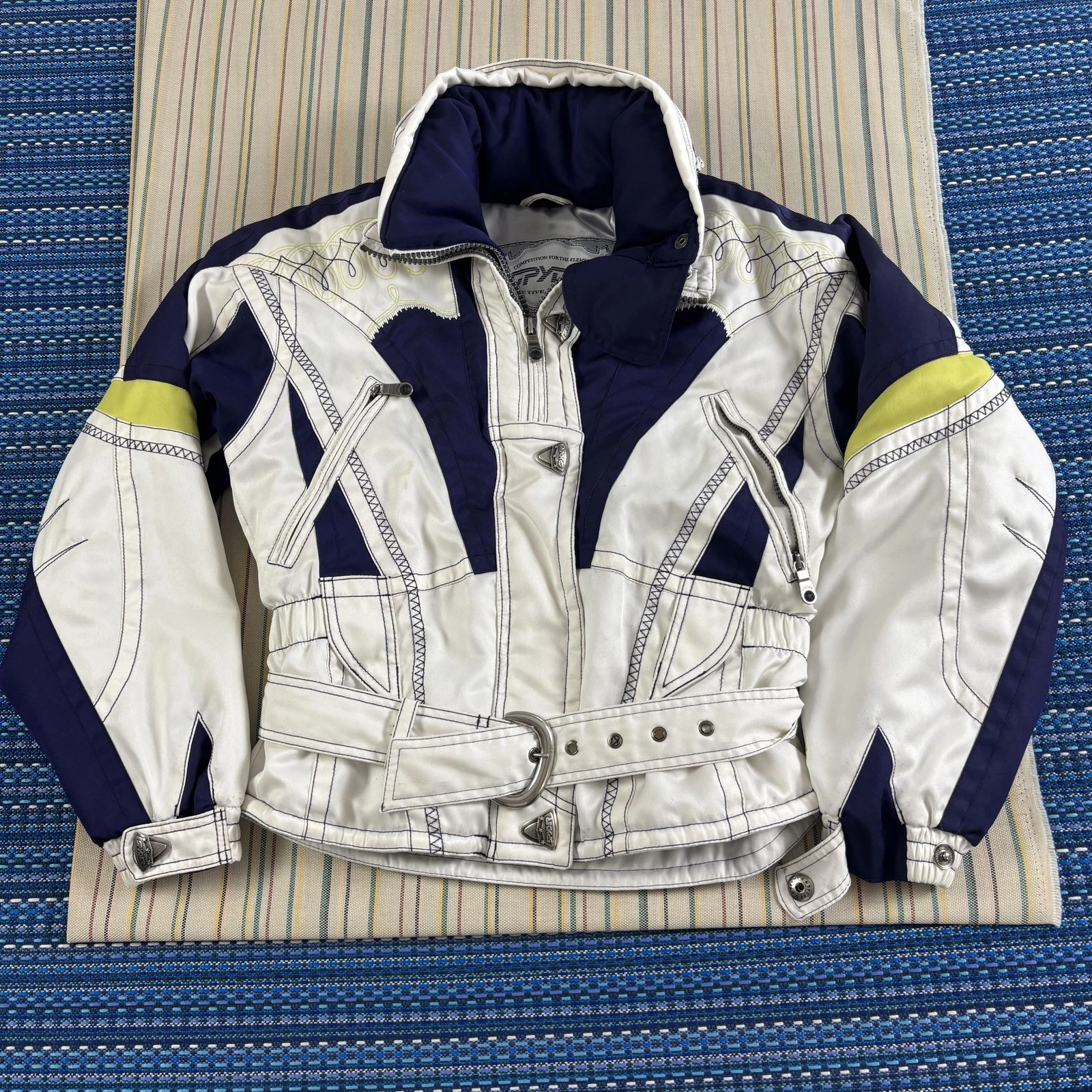 Vintage Spyder Ski Jacket Womens Small White Navy Belted Hooded Insulated 90s