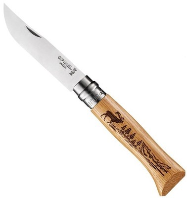 Opinel No.08 Oak Engraved Animalia Elk Folding Pocket Knife Stainless Steel Lock