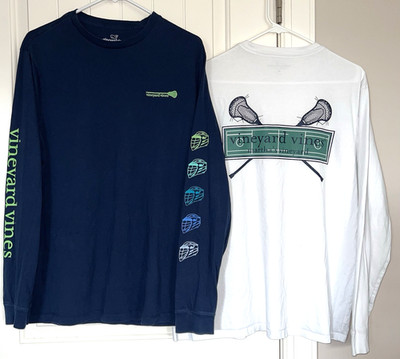 TWO Vineyard Vines LACROSSE Long Sleeve T Shirts Men's Medium Blue White Cotton