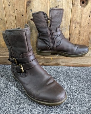 UGG wasserdichte braune Lederstiefel Damen Reißverschluss Doppelschnalle Biker Motorrad Lammfell